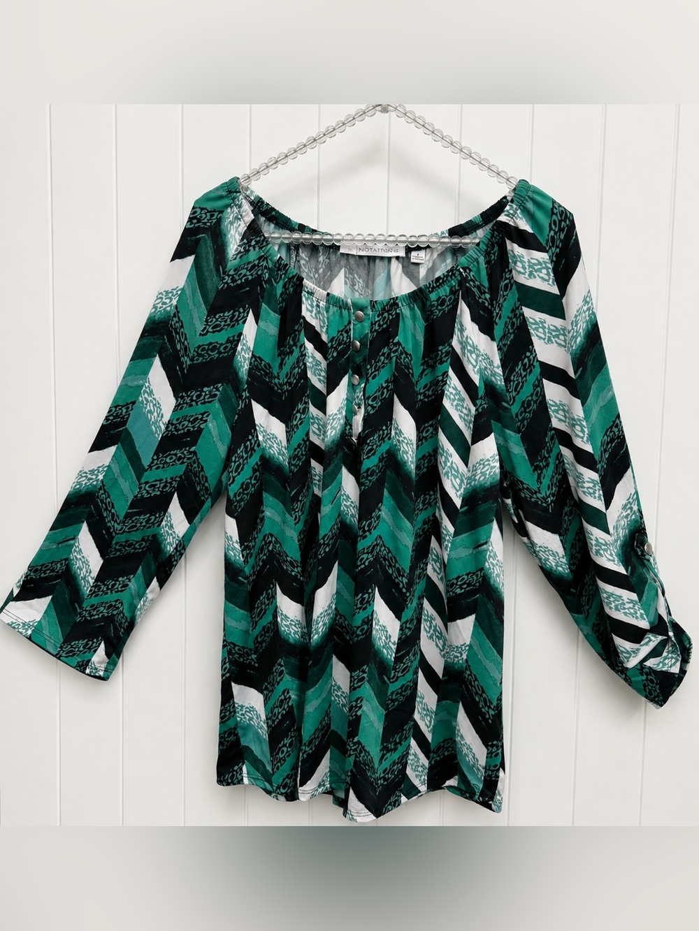Notations Teal and Black Chevron Blouse | Convertible Sleeves